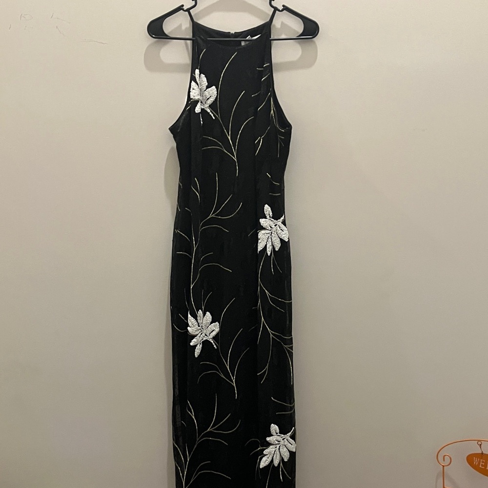 Badgley Mischka Black Dress with White Floral Design